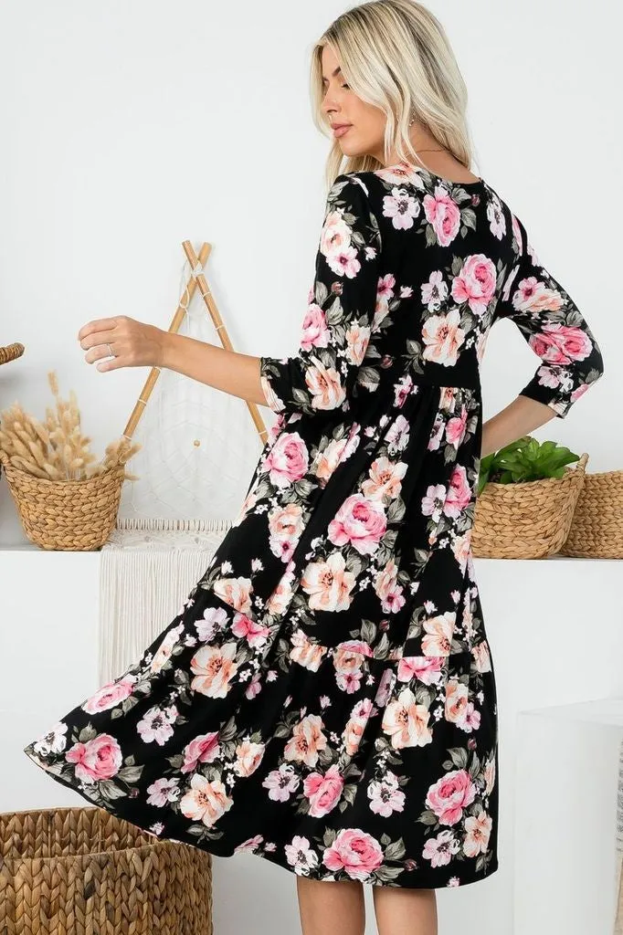 Plus Tiered Midi Dress Style 286 in Black Floral