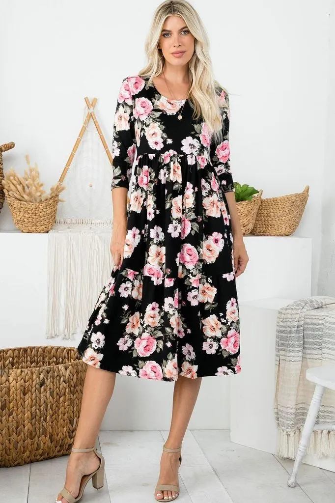 Plus Tiered Midi Dress Style 286 in Black Floral