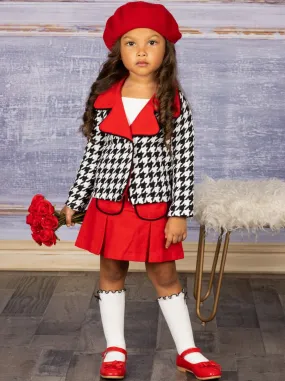 Posh And Preppy Houndstooth Blazer And Pleated Skirt Set