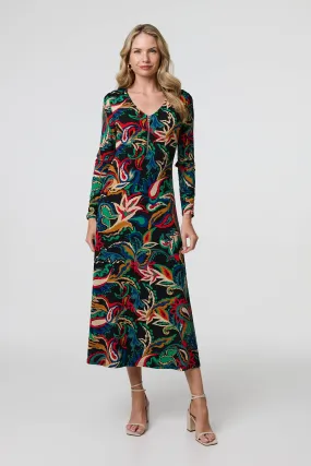 Printed Zip Front Long Sleeve Maxi Dress