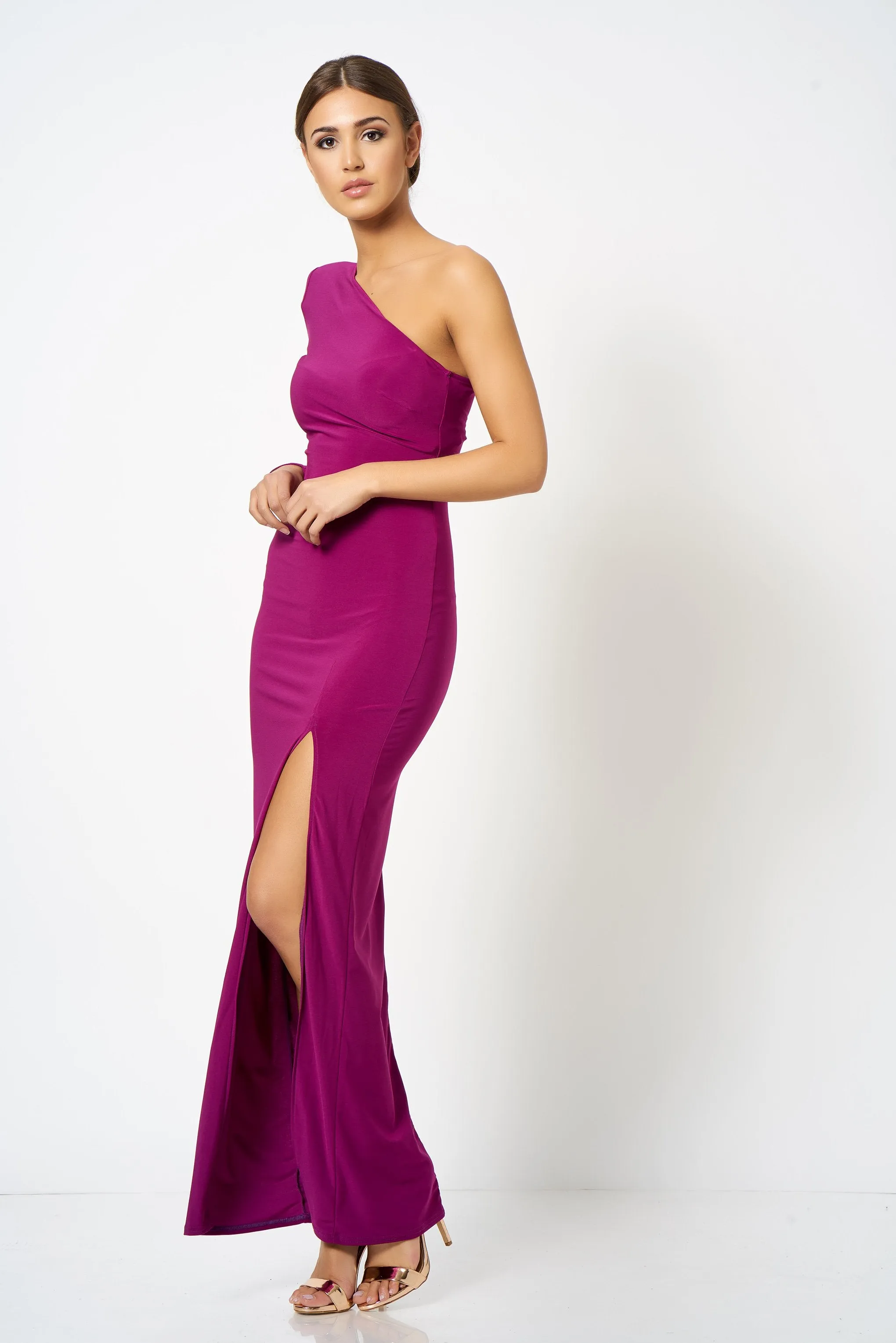 Purple One Shoulder Extreme Split Maxi Dress