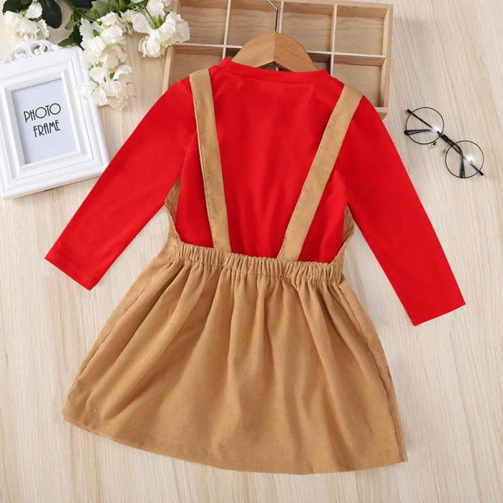 Red Long Sleeve Brown Sling Midi Skirt Suit Wholesale Girls Clothes