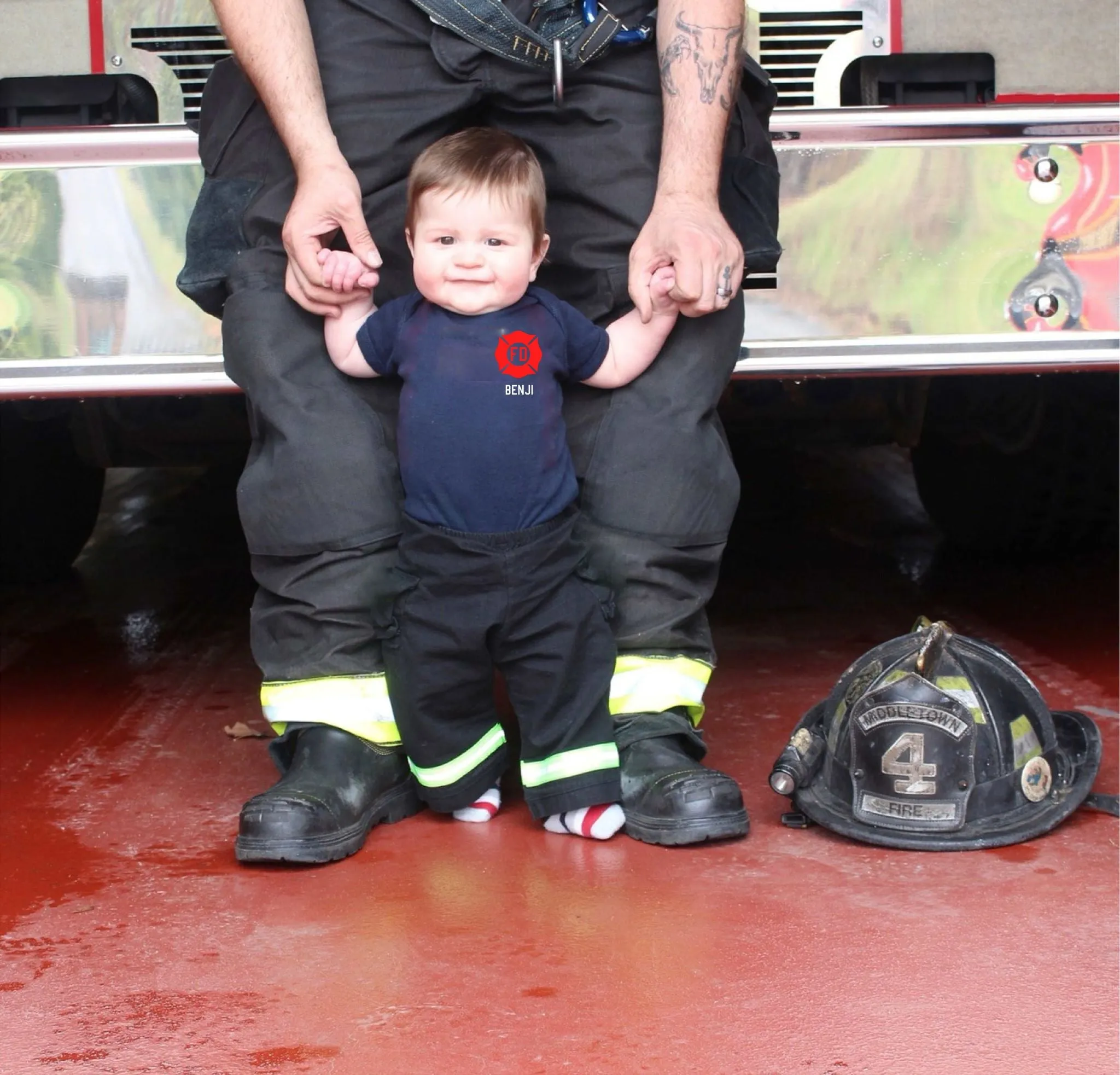 RED MALTESE CROSS Firefighter Personalized Navy Baby Bodysuit (ONLY)