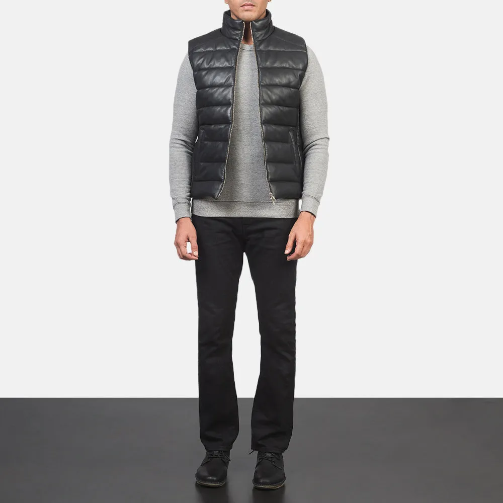 Reeves Black Leather Puffer Vest