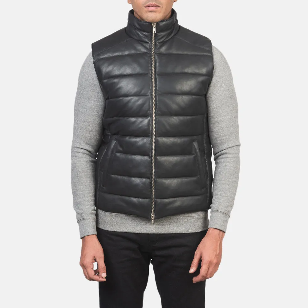 Reeves Black Leather Puffer Vest