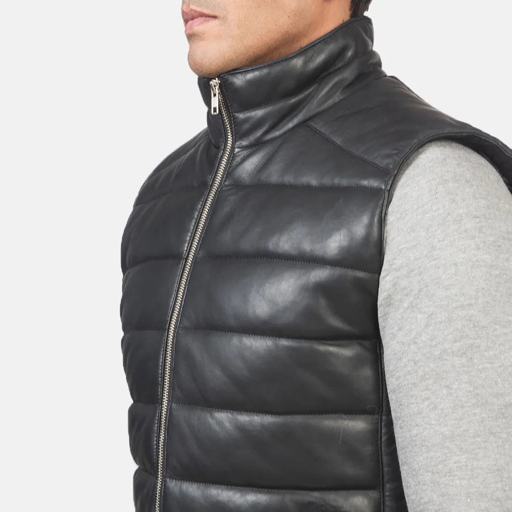 Reeves Black Leather Puffer Vest