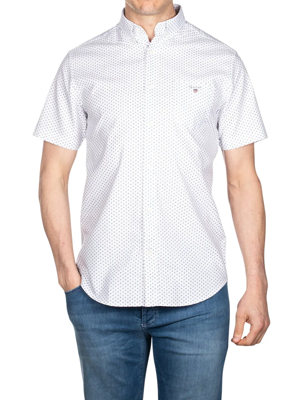 Regular Fit Oxford Micro Print Short Sleeve Button-down White