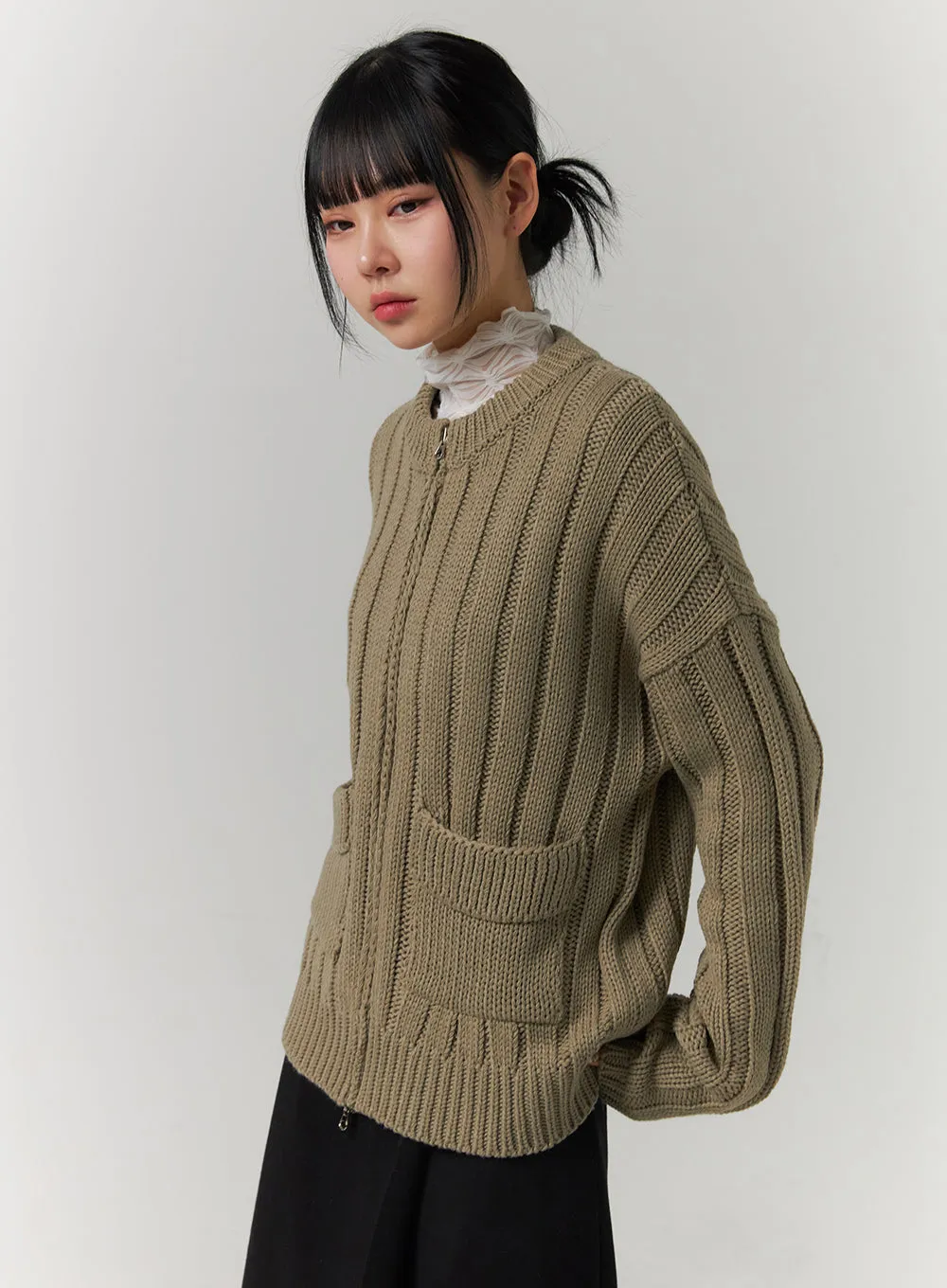 Ribbed Pocket Zip Up Knit Sweater CJ422