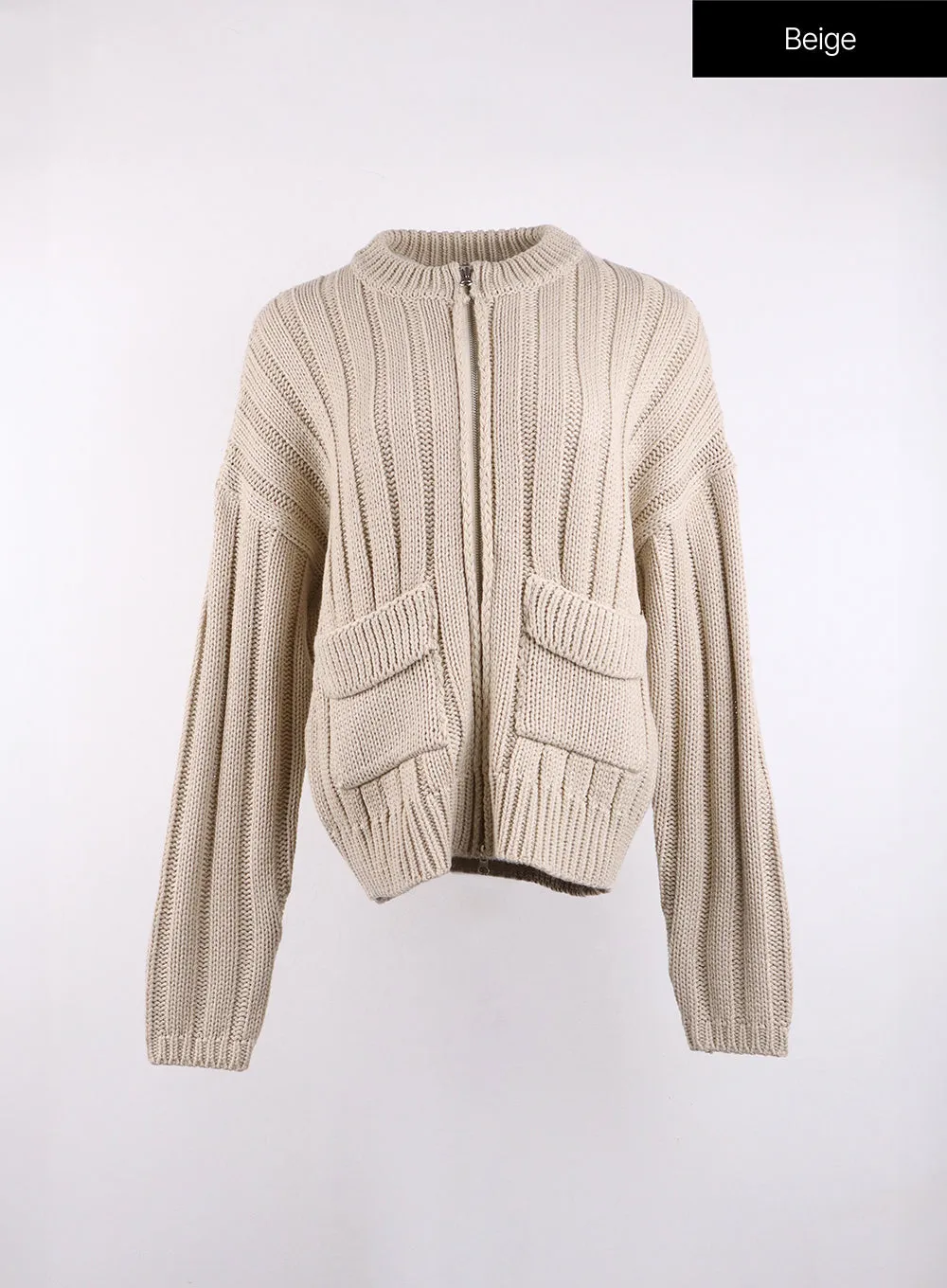 Ribbed Pocket Zip Up Knit Sweater CJ422