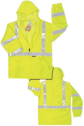 River City Garments 3X Fluorescent Lime PRO Grade Polyester And Polyurethane Rain Jacket With Storm Flap Front Zipper Closure, Attached Drawstring Hood And White Reflective Stripe