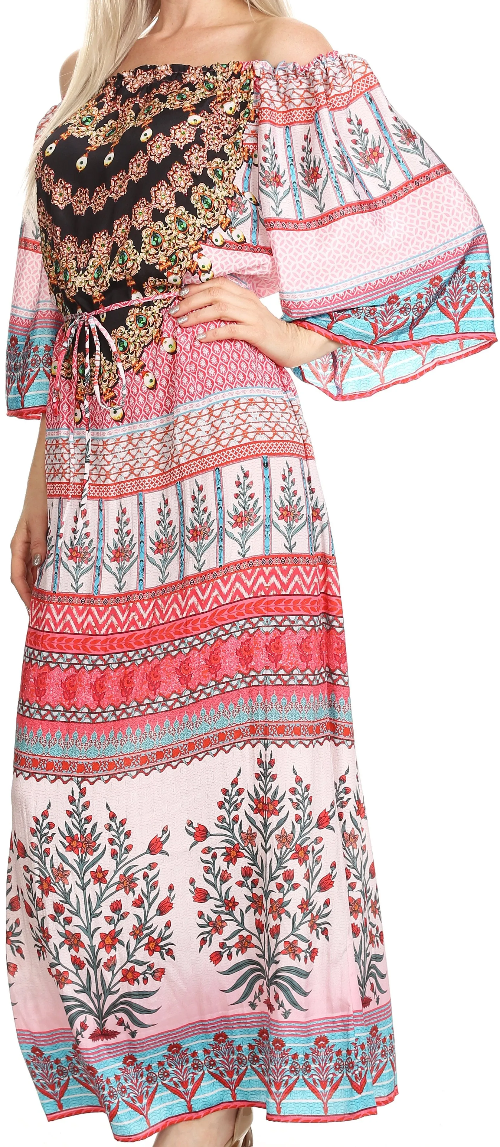 Sakkas Efiya Long Printed Kaftan Off The Shoulder Ruffled Tie-Waist Maxi Dress