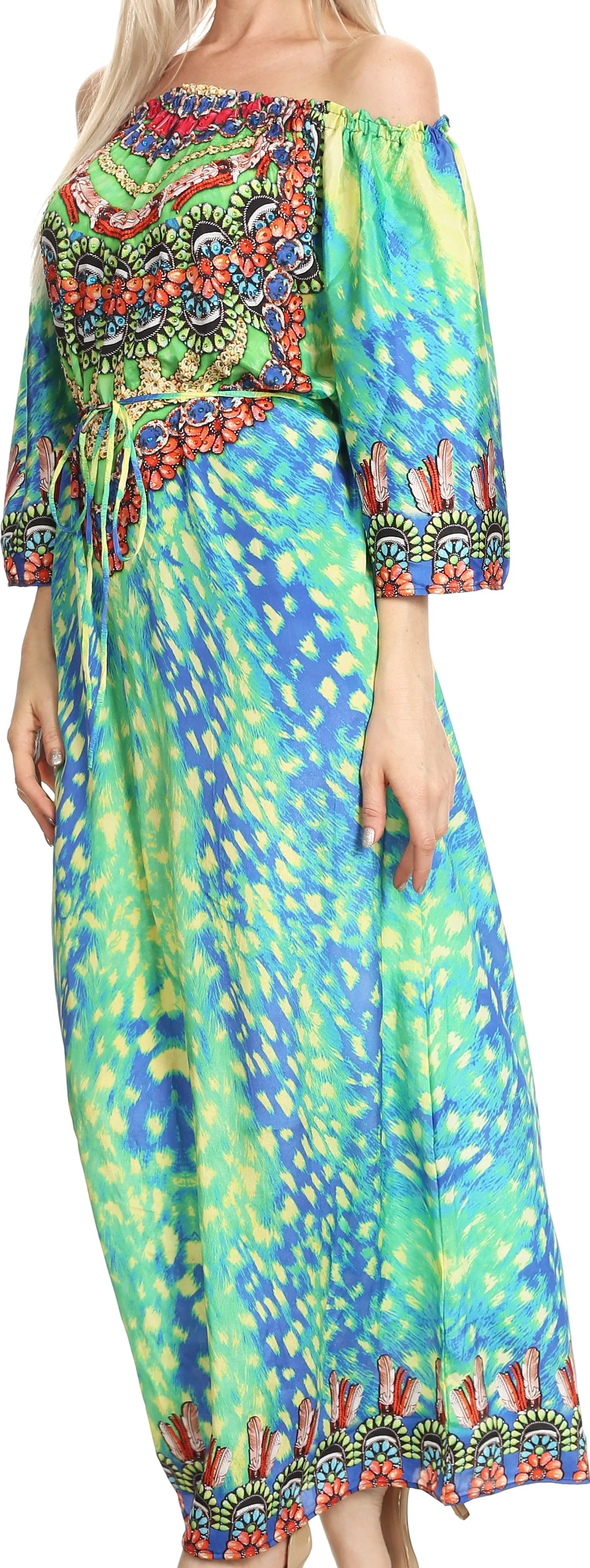 Sakkas Efiya Long Printed Kaftan Off The Shoulder Ruffled Tie-Waist Maxi Dress