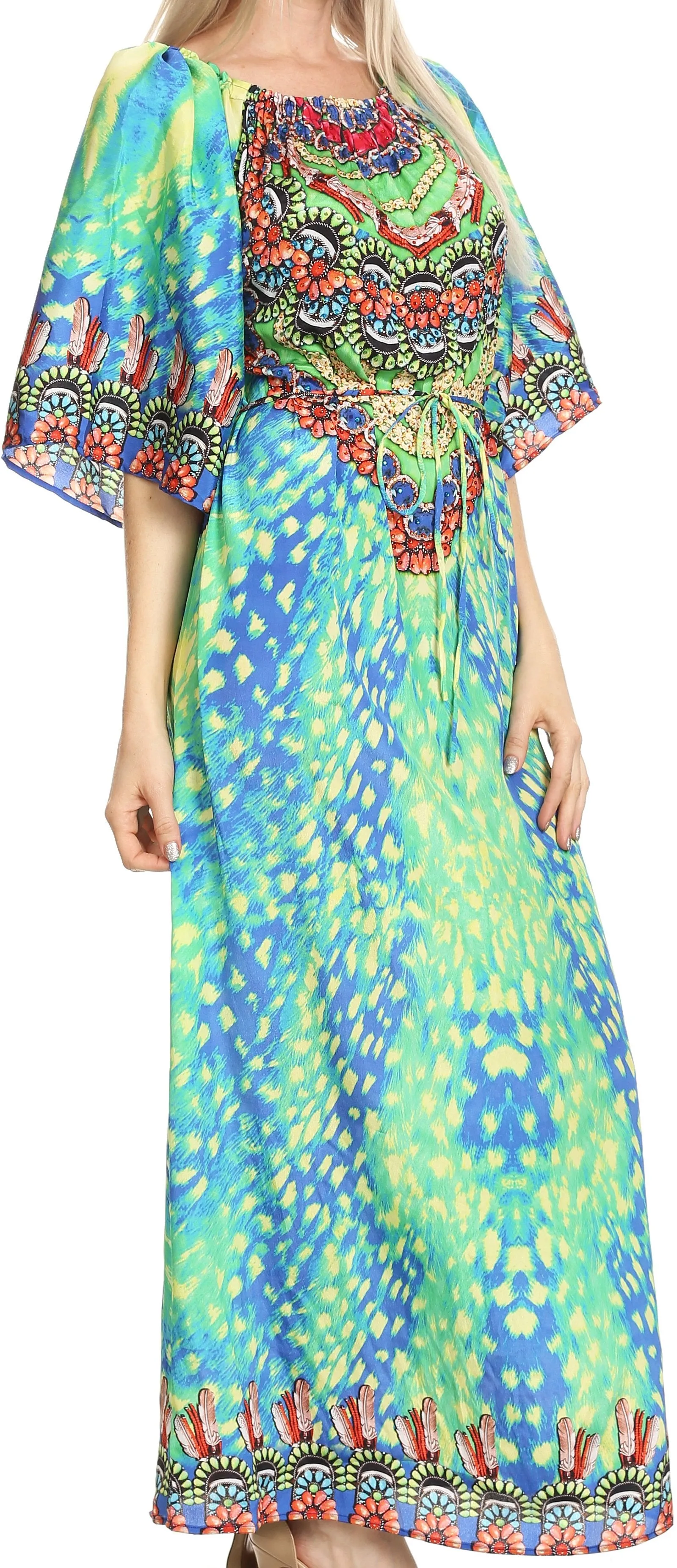 Sakkas Efiya Long Printed Kaftan Off The Shoulder Ruffled Tie-Waist Maxi Dress