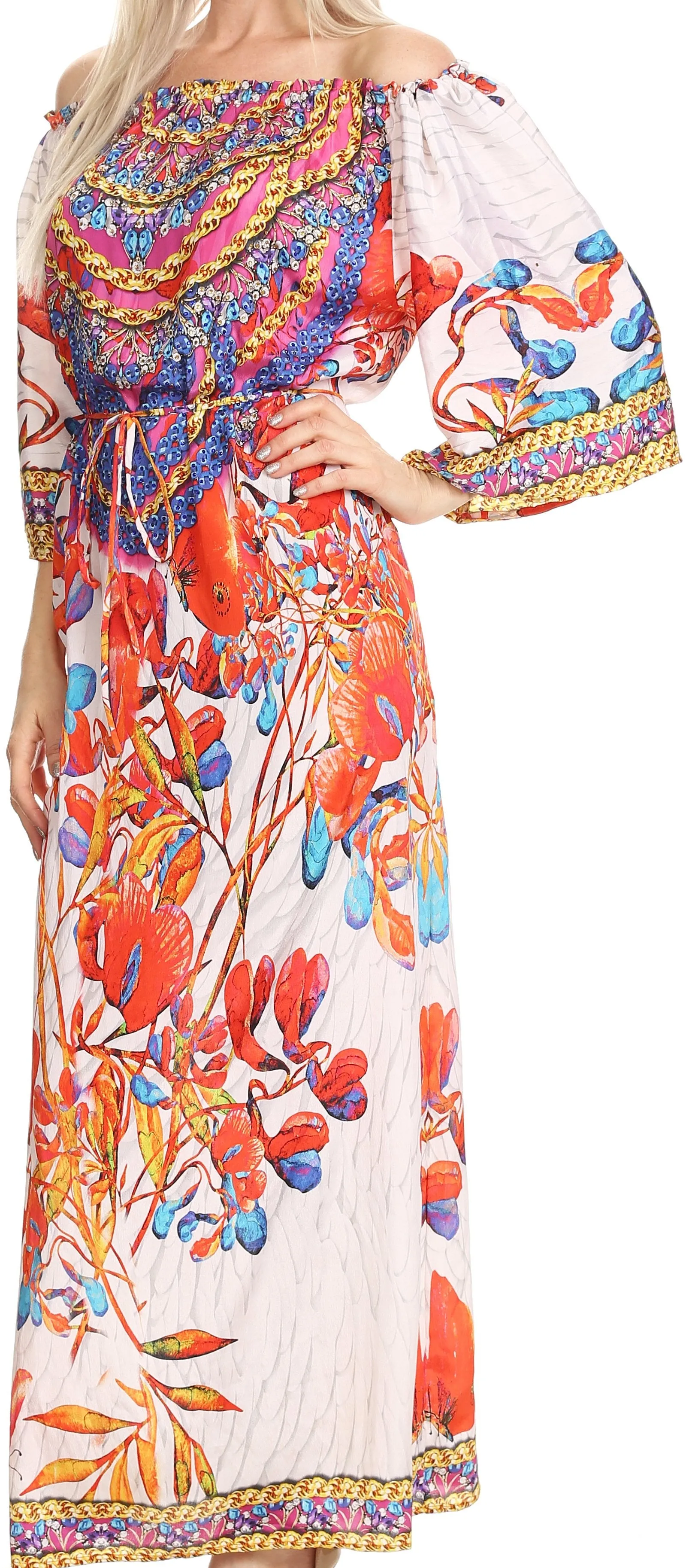 Sakkas Efiya Long Printed Kaftan Off The Shoulder Ruffled Tie-Waist Maxi Dress