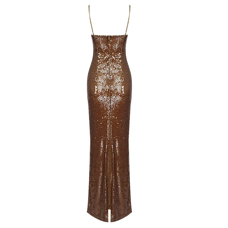 Sequined Slit Spaghetti Strap V-Neck Dress