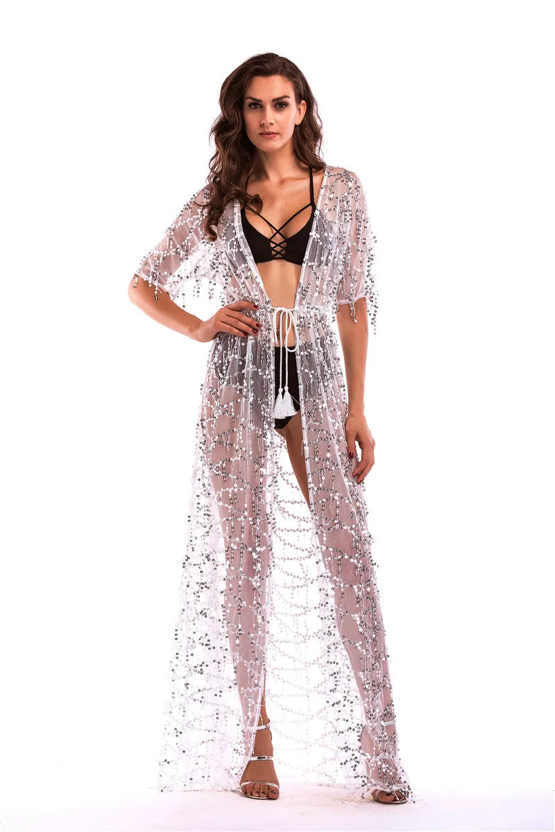 Sequined Tasseled Lace-up See Through Long Maxi Dress