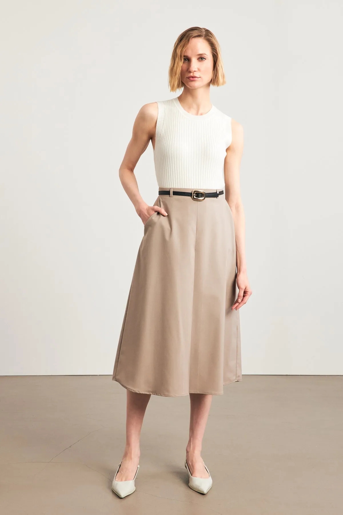 Setre Belted Single Pleat Detailed Midi Skirt Beige