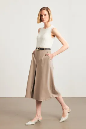 Setre Belted Single Pleat Detailed Midi Skirt Beige