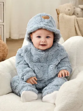 SHEIN 3pcs/Set Newborn Baby Boys/Girls Blue Autumn/Winter Soft Coral Fleece Long Sleeve Hoodie, Pants & Hat, Cute Bear & Rabbit Print, Cozy & Warm, For Indoor & Outdoor