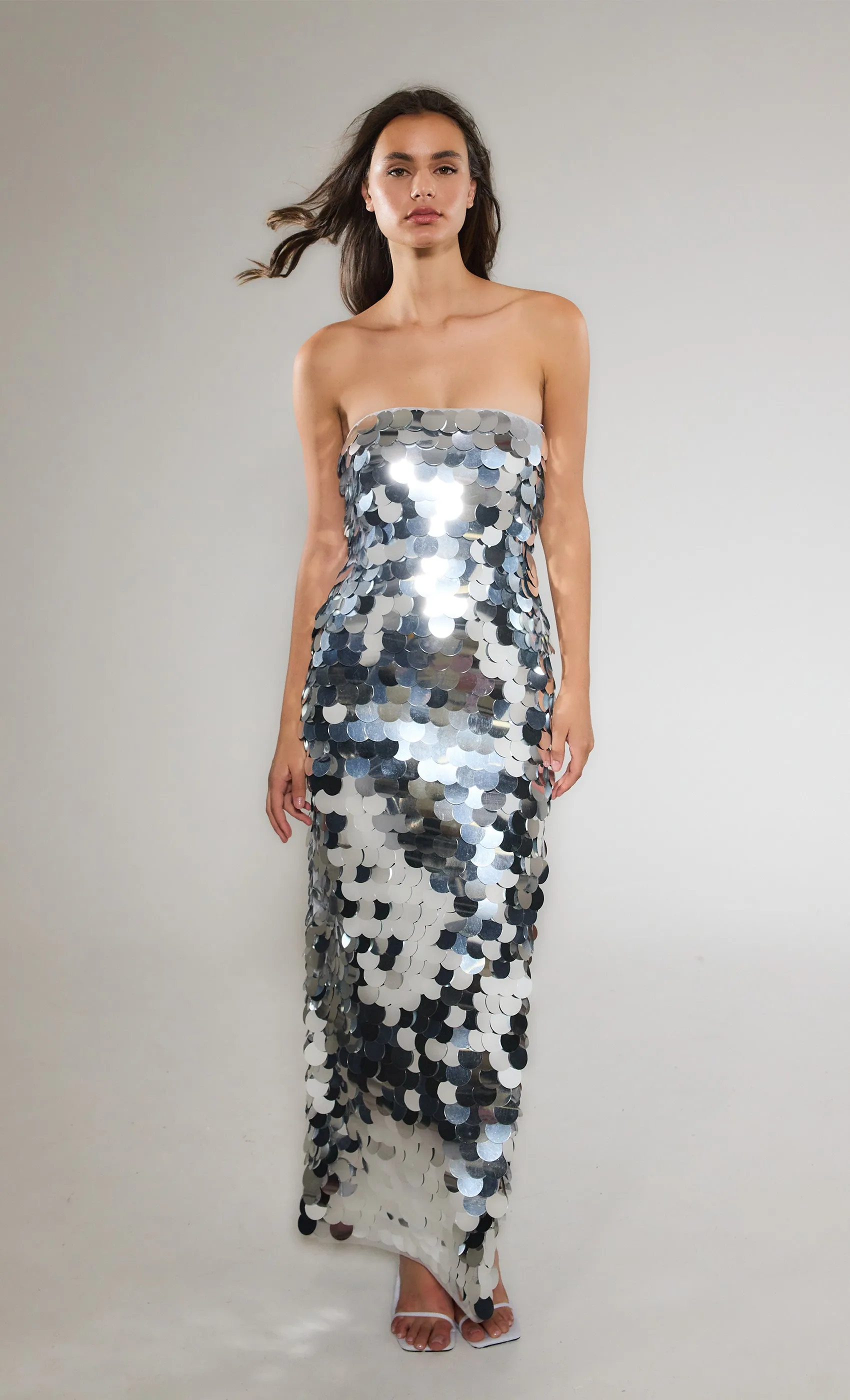 Silver Disc Bandeau Maxi Dress