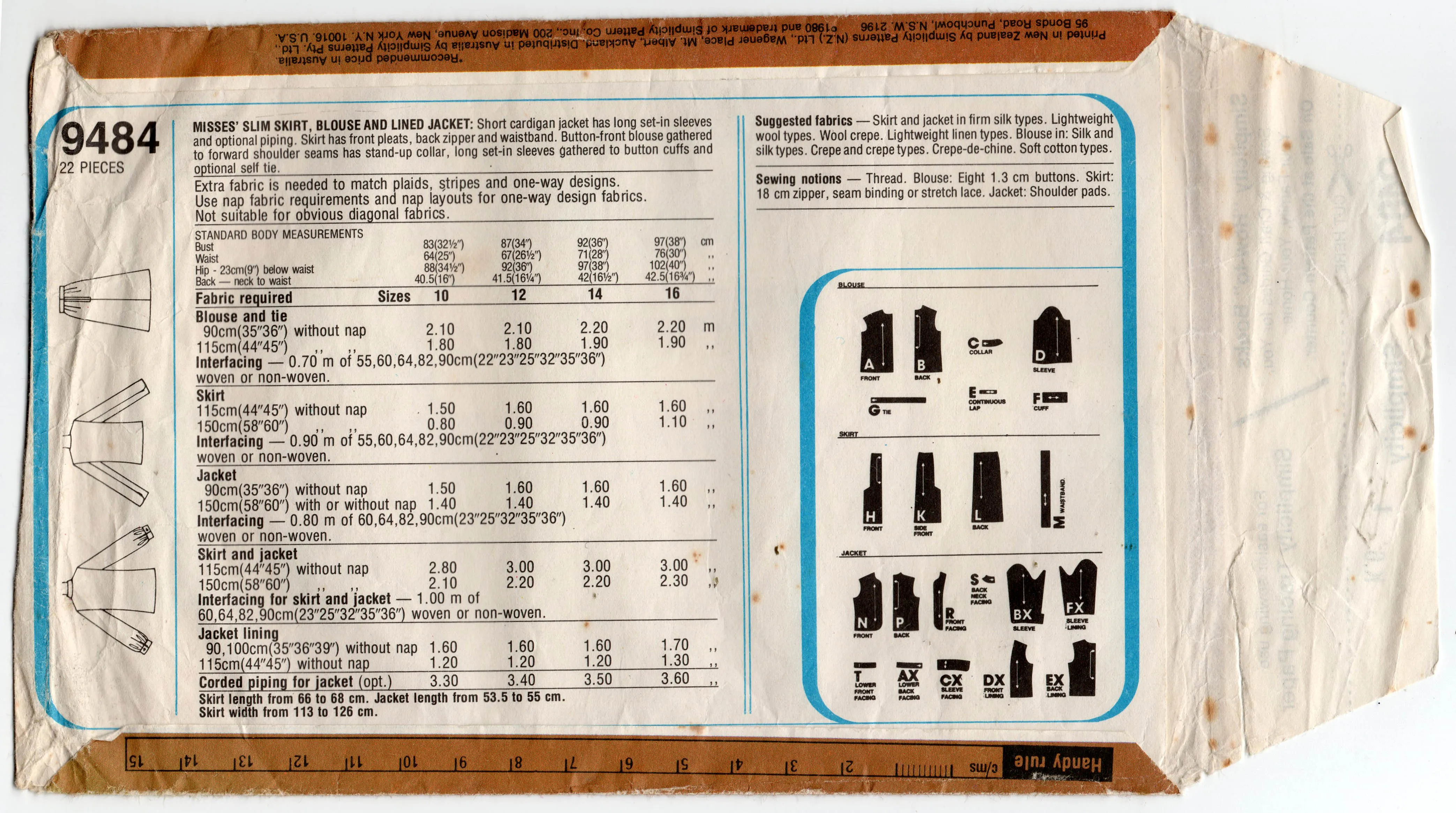 Simplicity 9484 Womens Lined Jacket Blouse & Skirt 1980s Vintage Sewing Pattern Size 14 Bust 36 inches