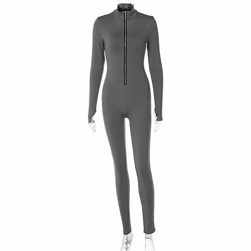 Solid Color Long Sleeve Zipper Waist Slimming Sport Yoga Jumpsuit