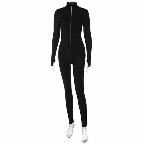 Solid Color Long Sleeve Zipper Waist Slimming Sport Yoga Jumpsuit