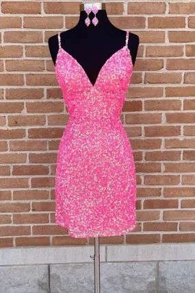 Spaghetti Straps Pink Sequins Short Homecoming Dress with Criss Cross Back