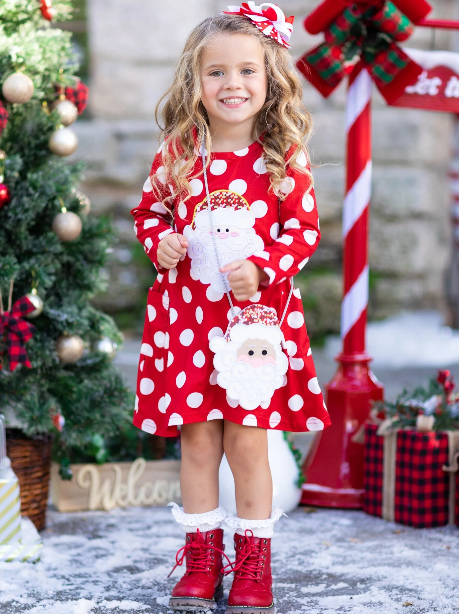 Sparkle Santa Polka Dot Dress, Purse and Hair Bow Set