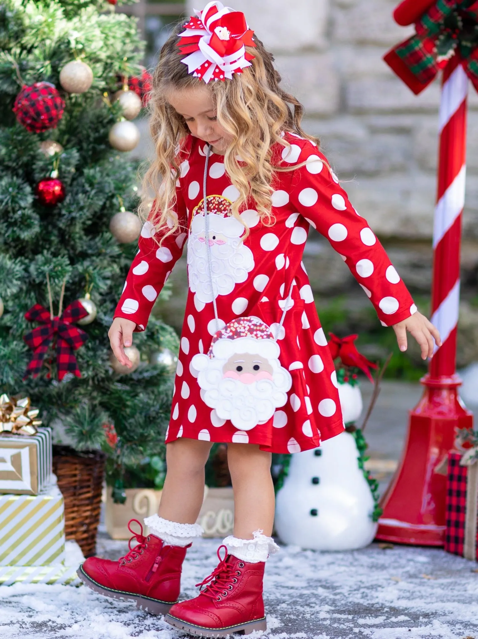 Sparkle Santa Polka Dot Dress, Purse and Hair Bow Set