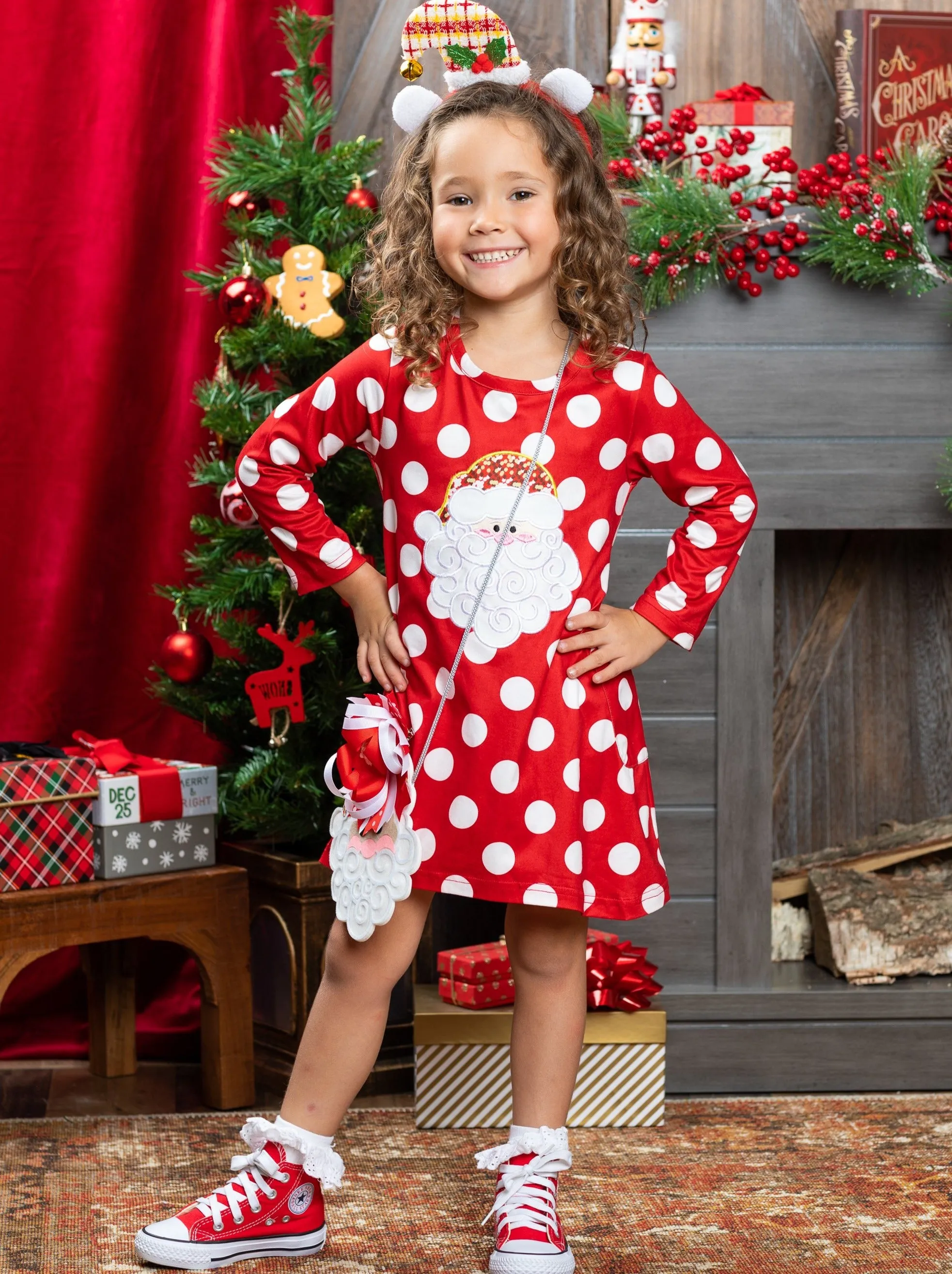 Sparkle Santa Polka Dot Dress, Purse and Hair Bow Set