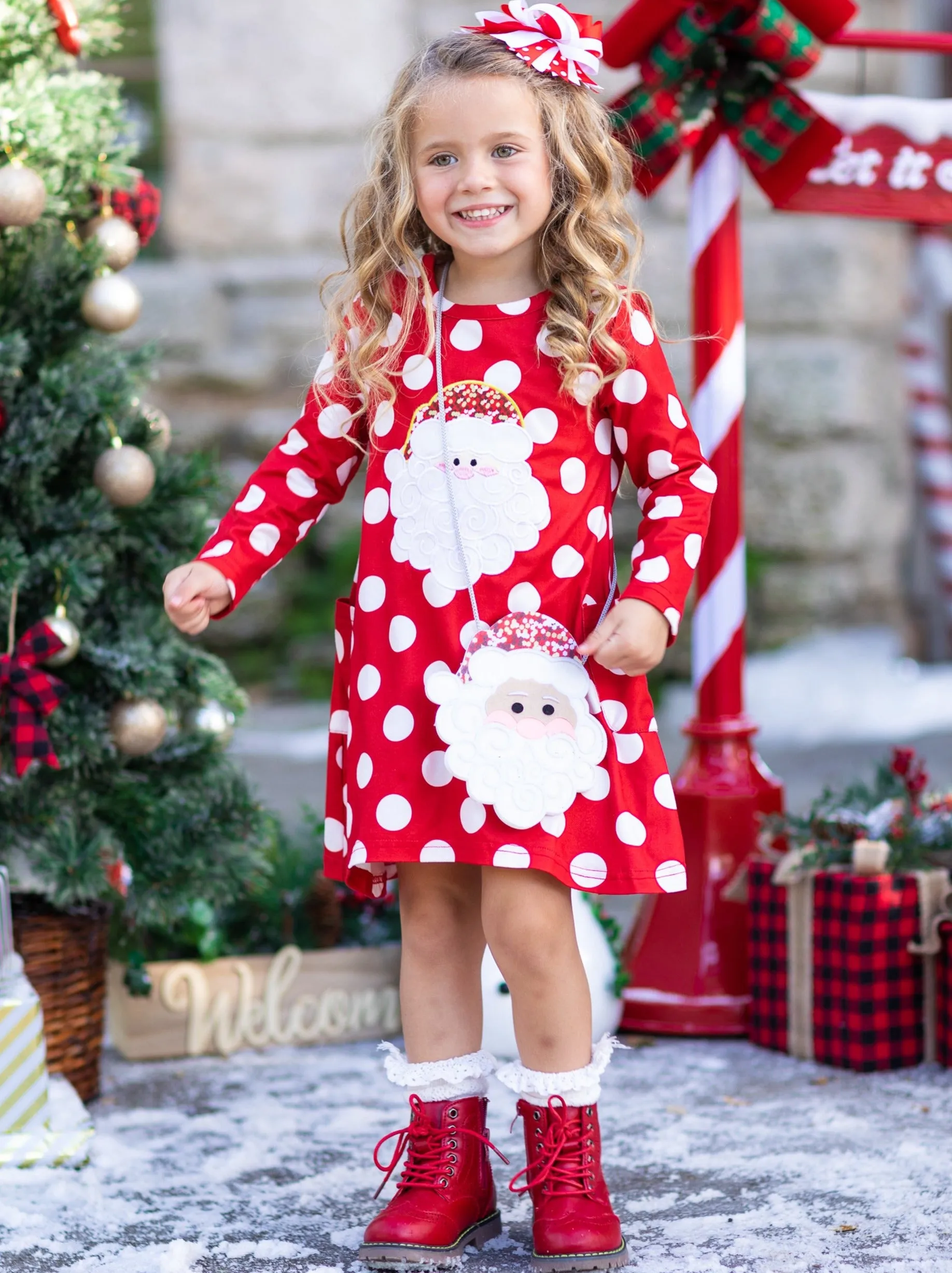 Sparkle Santa Polka Dot Dress, Purse and Hair Bow Set