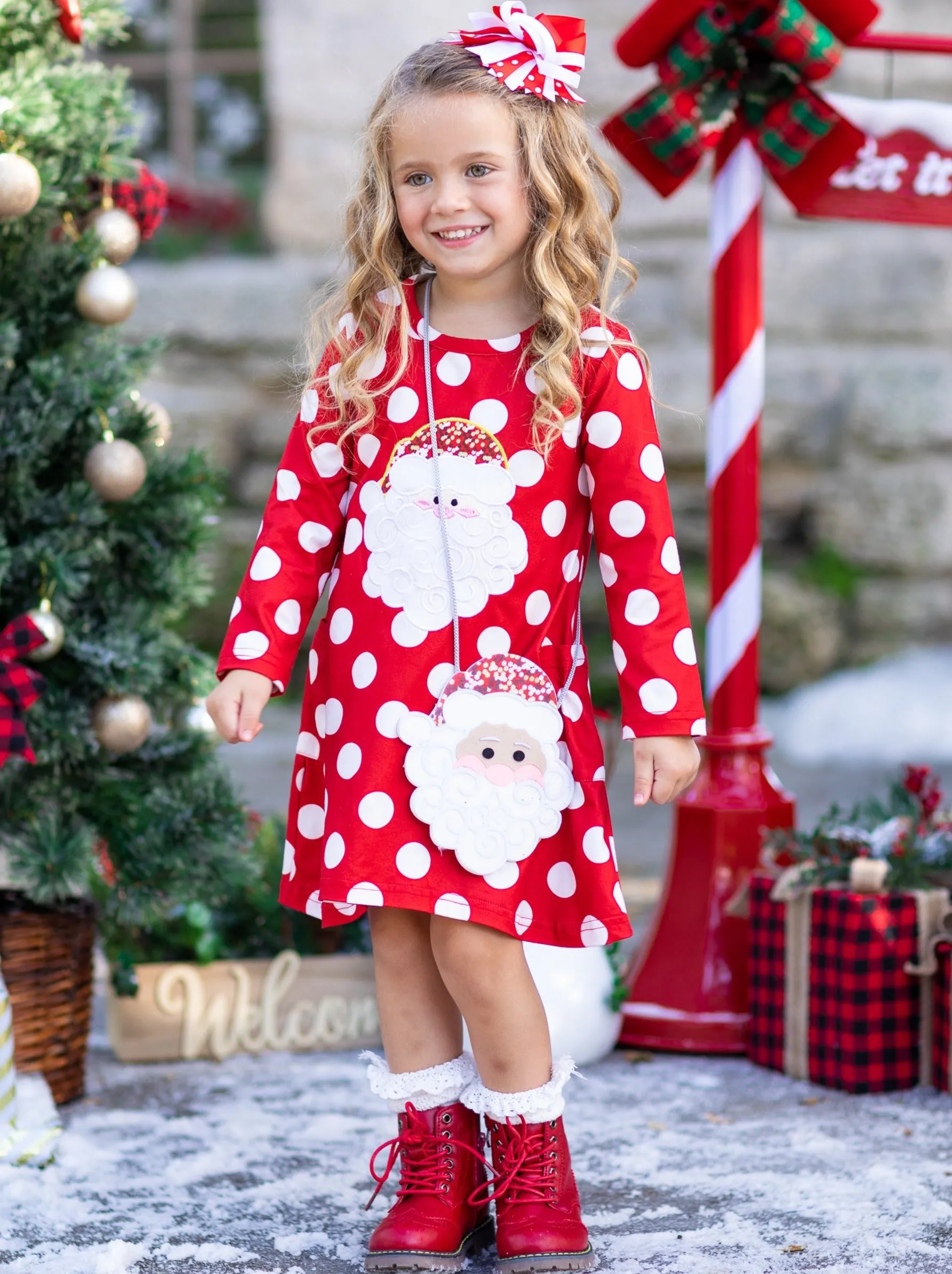 Sparkle Santa Polka Dot Dress, Purse and Hair Bow Set