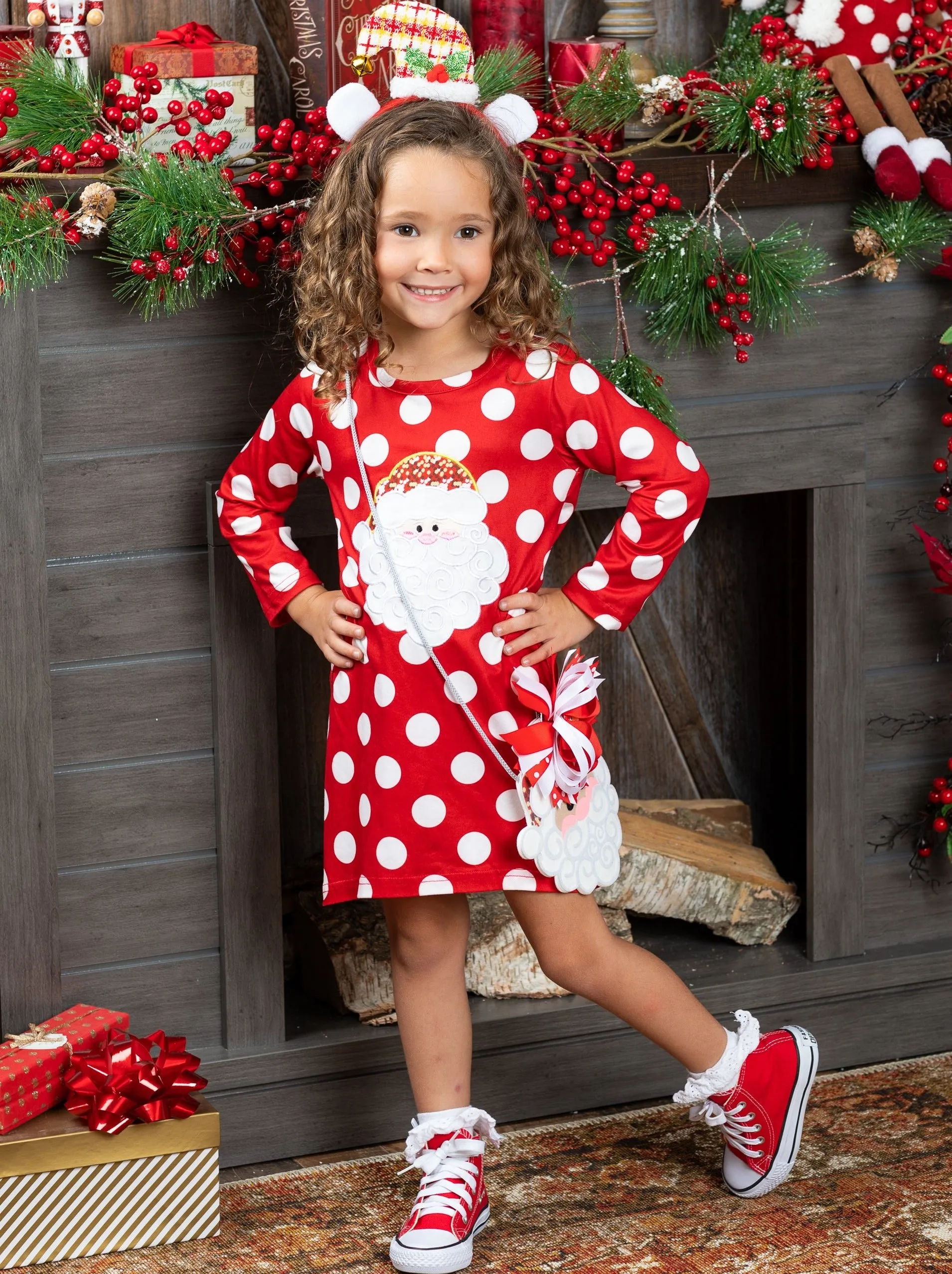 Sparkle Santa Polka Dot Dress, Purse and Hair Bow Set