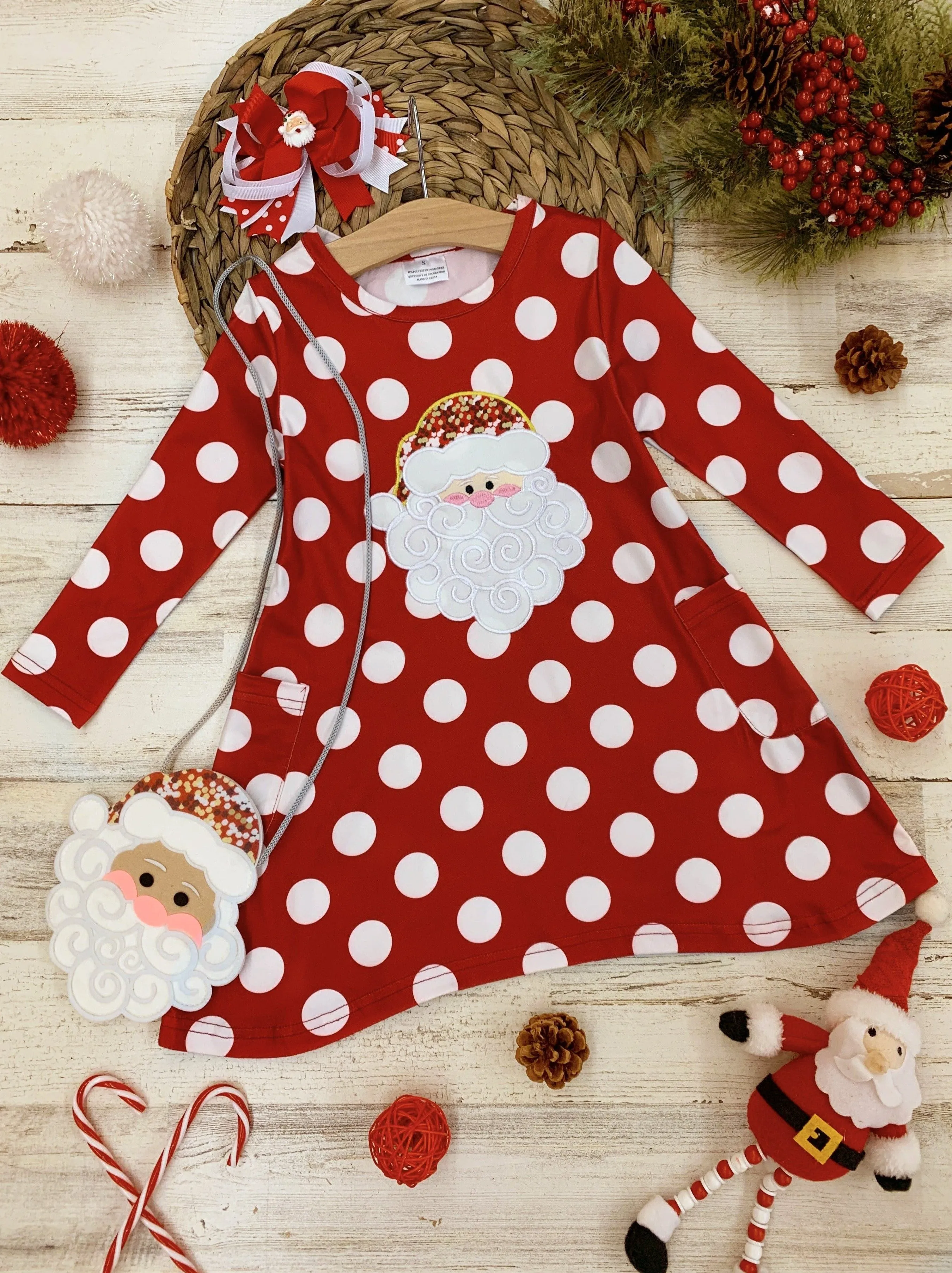 Sparkle Santa Polka Dot Dress, Purse and Hair Bow Set