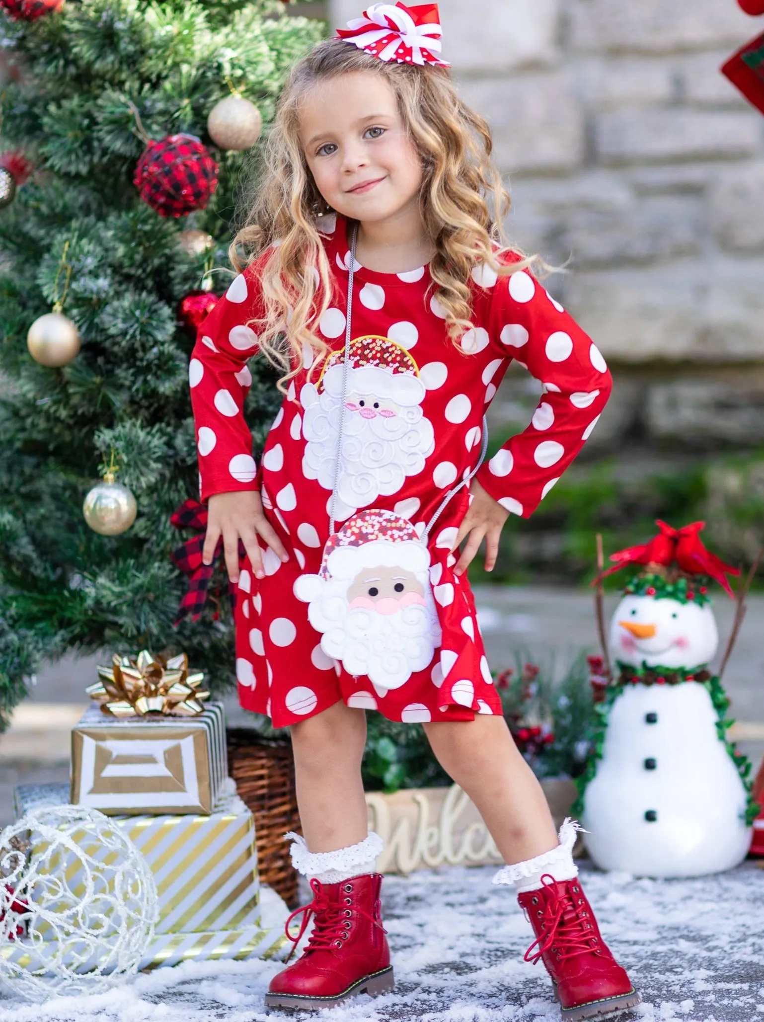 Sparkle Santa Polka Dot Dress, Purse and Hair Bow Set