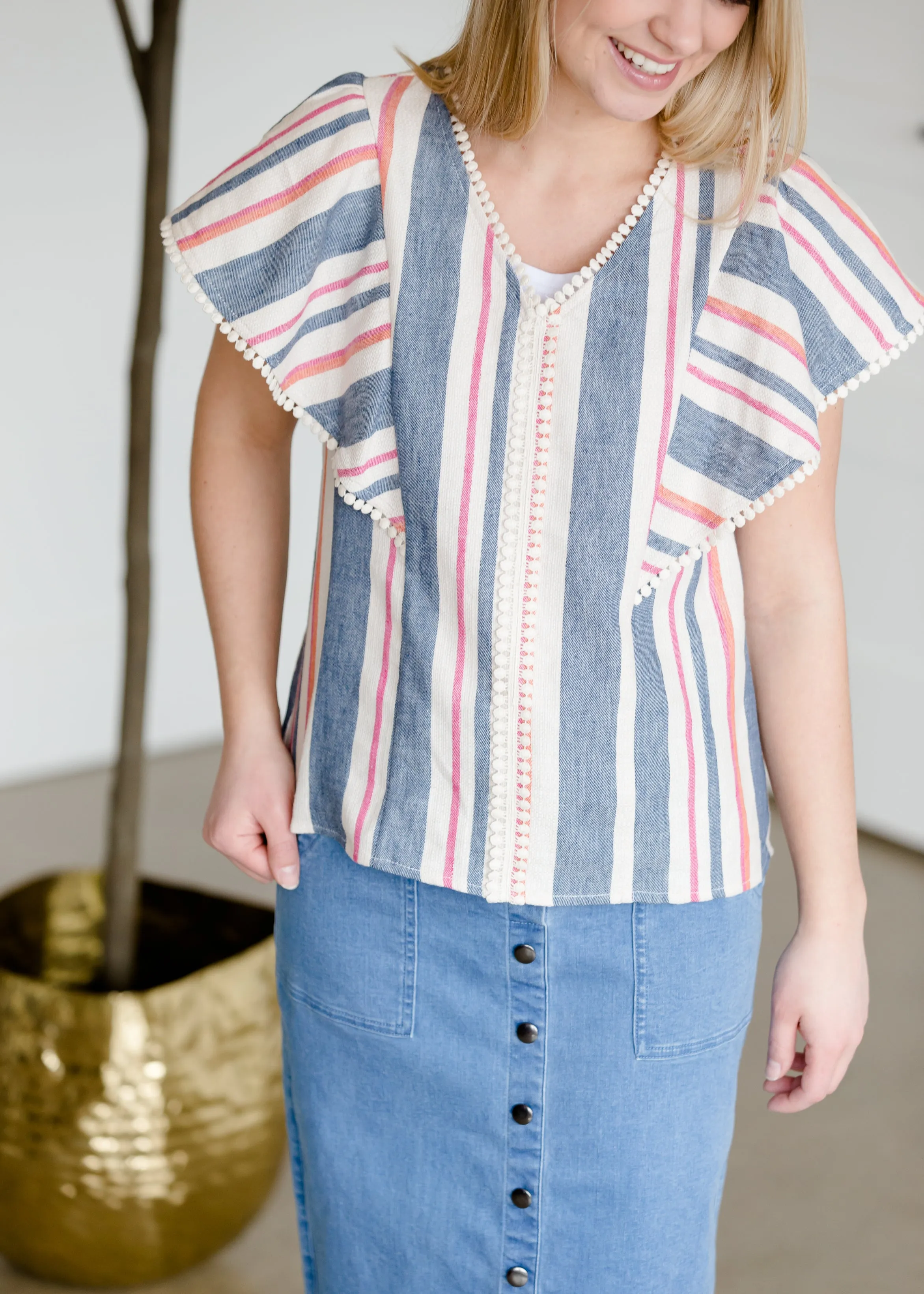 Striped Blue Flutter Sleeve Top - FINAL SALE