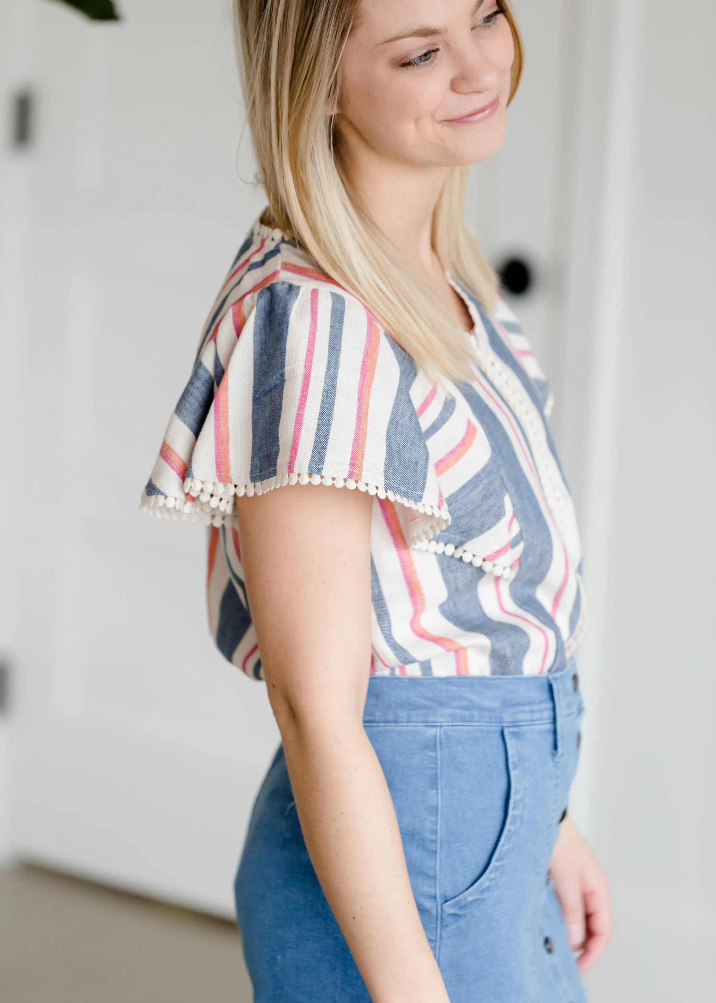 Striped Blue Flutter Sleeve Top - FINAL SALE