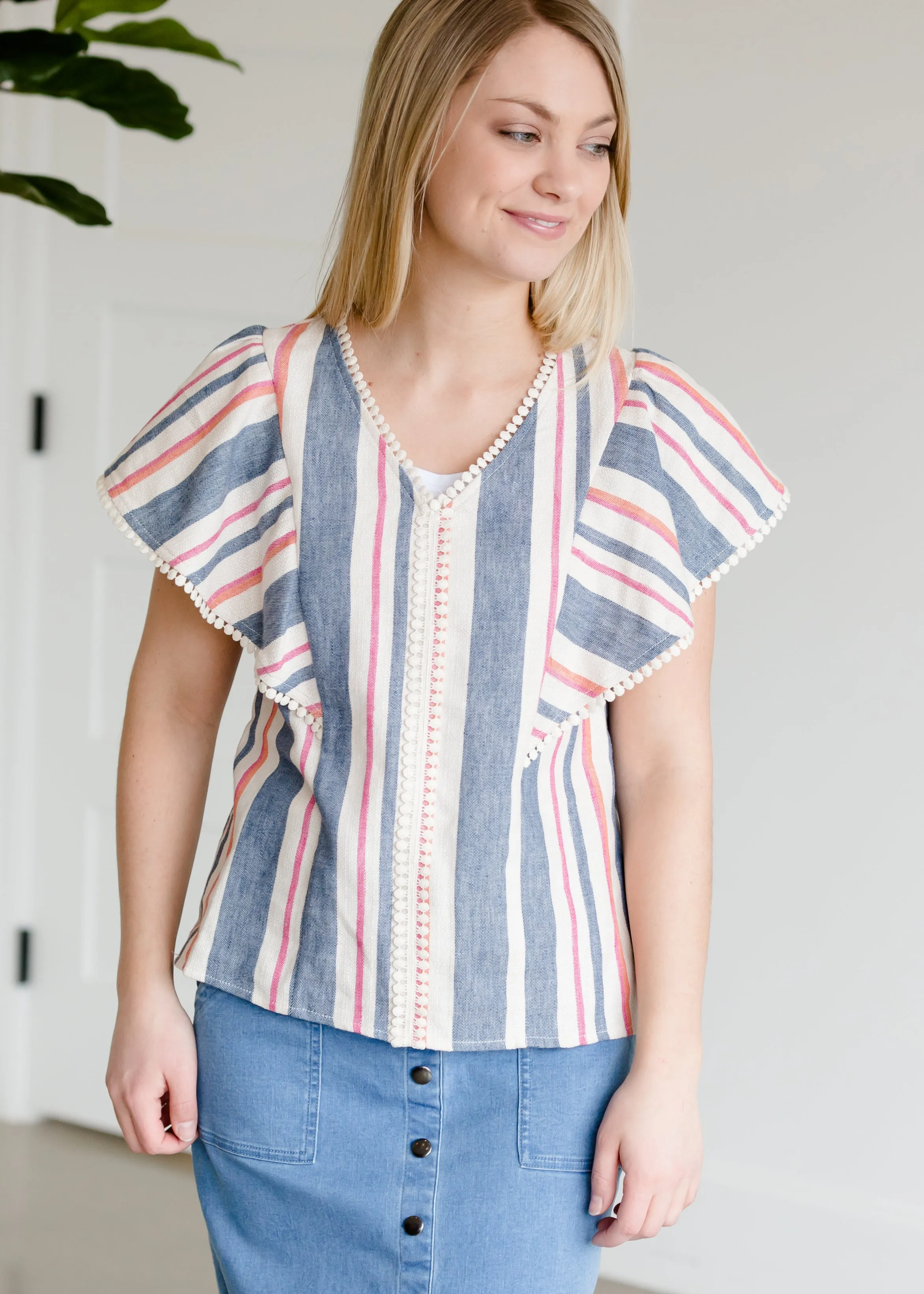 Striped Blue Flutter Sleeve Top - FINAL SALE