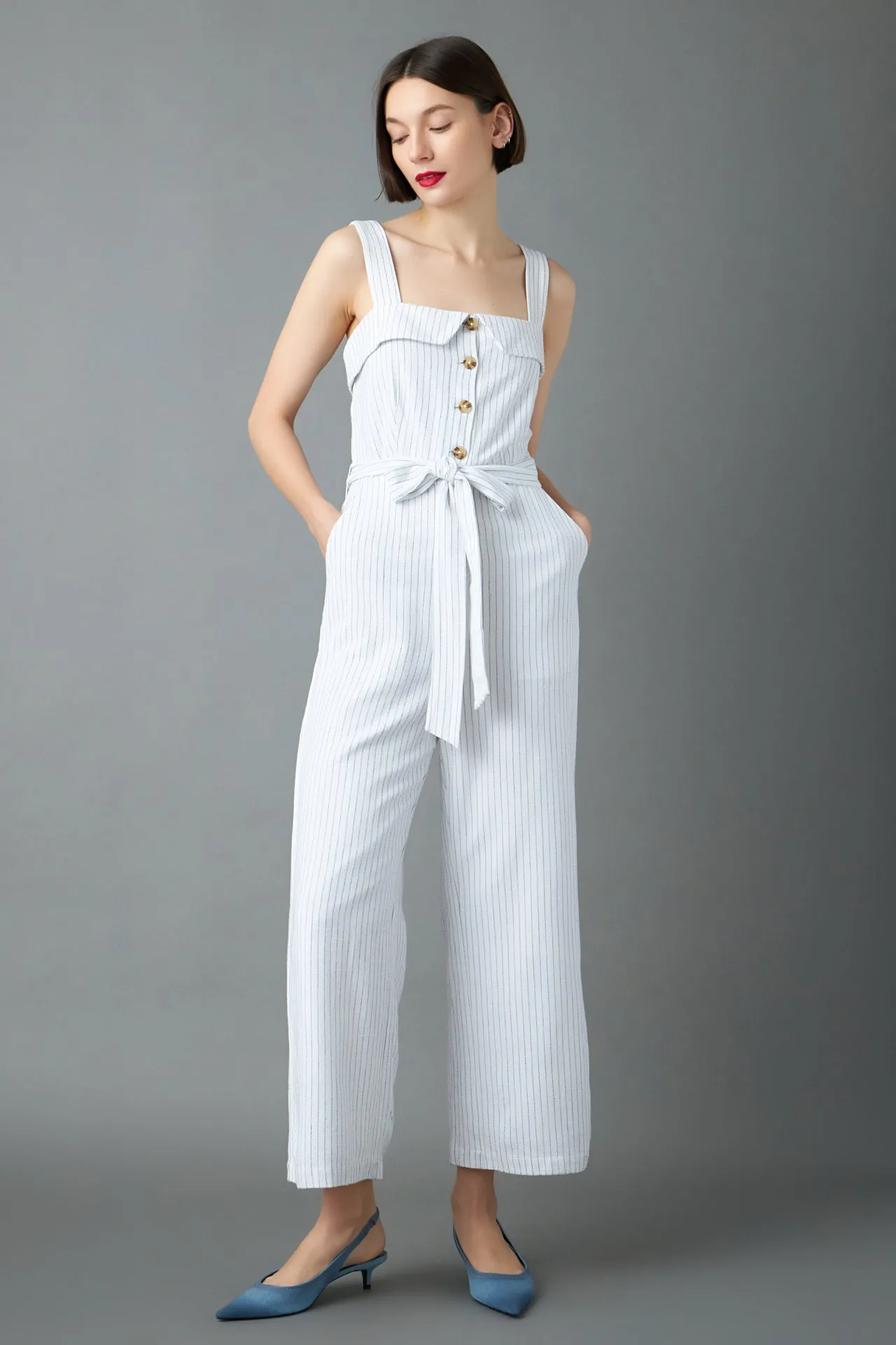 Striped Linen Jumpsuit with Wooden Buttons