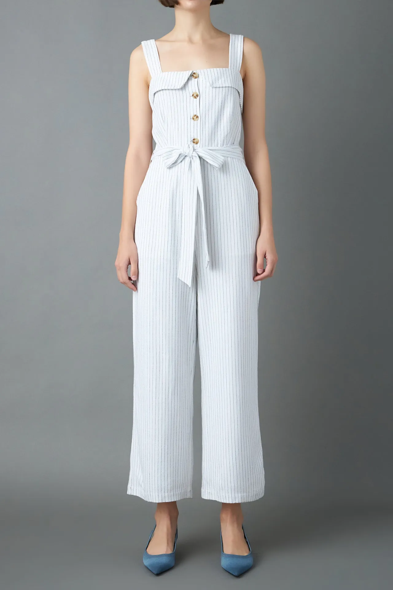 Striped Linen Jumpsuit with Wooden Buttons