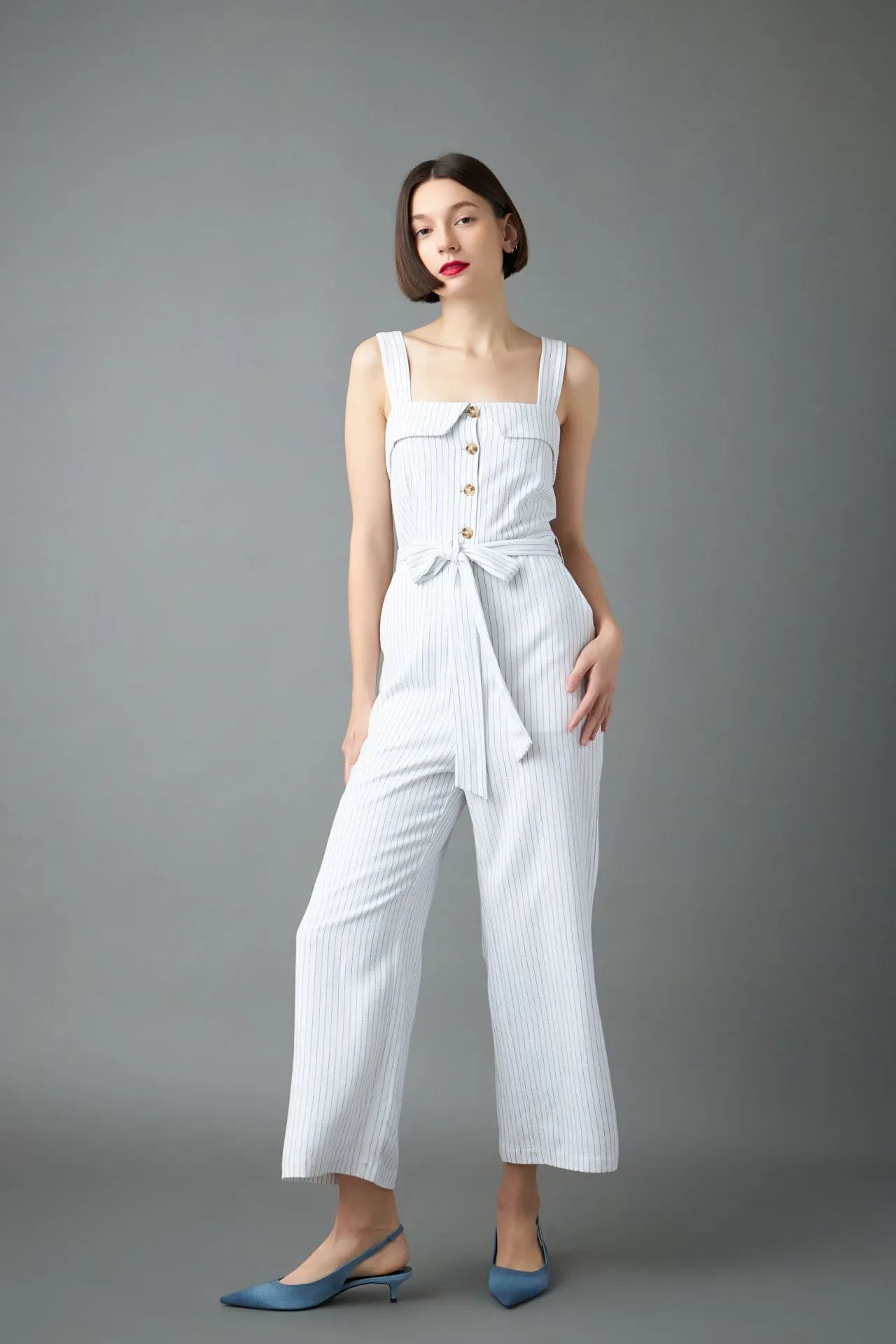 Striped Linen Jumpsuit with Wooden Buttons