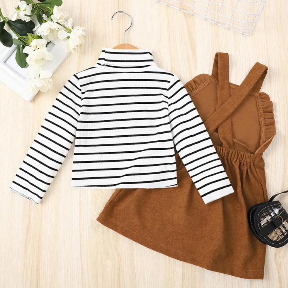 Striped Long Sleeve Brown Sling Midi Skirt Set Wholesale Girls Clothes