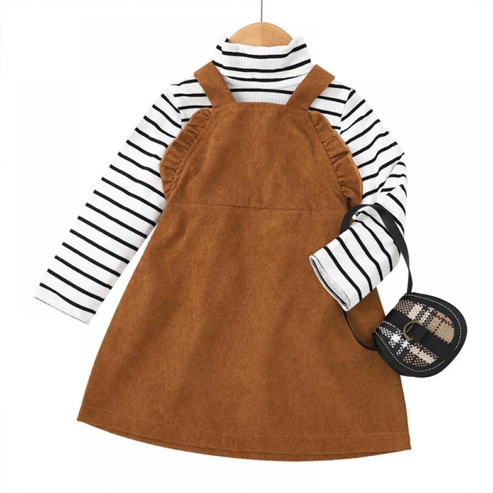 Striped Long Sleeve Brown Sling Midi Skirt Set Wholesale Girls Clothes