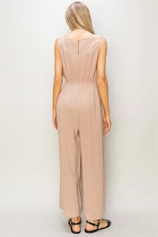 Tan Sleeveless Linen Jumpsuit