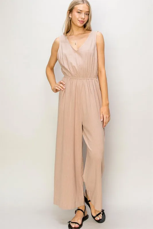 Tan Sleeveless Linen Jumpsuit