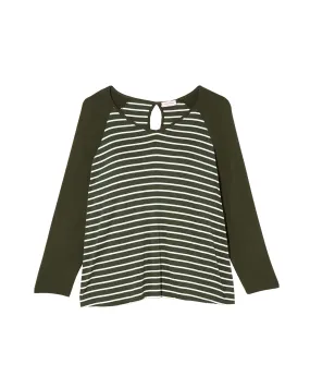 Tessie Long Sleeve Contrast Split Back Tee | Olive Green / Ivory