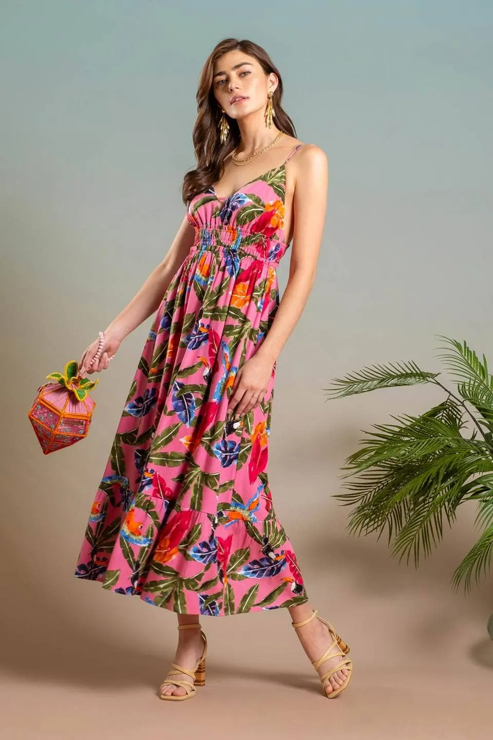 TRIPICAL PRINT V NECK MIDI DRESS