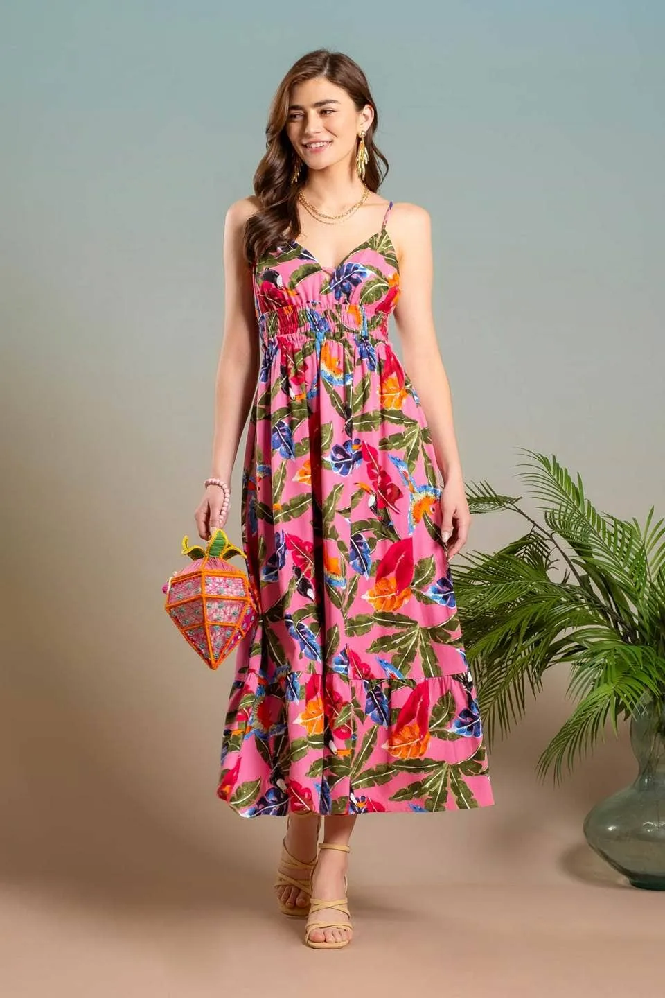 TRIPICAL PRINT V NECK MIDI DRESS