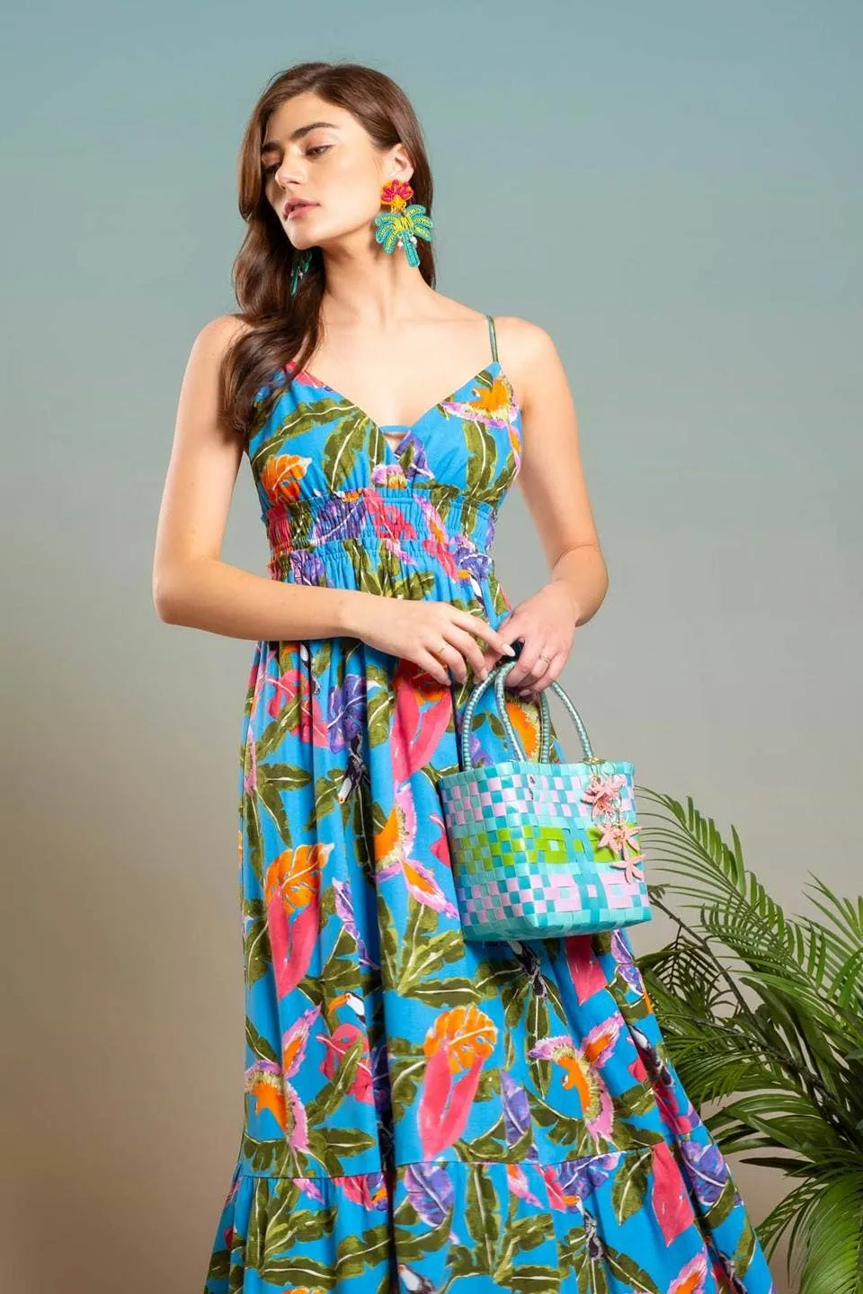 TRIPICAL PRINT V NECK MIDI DRESS